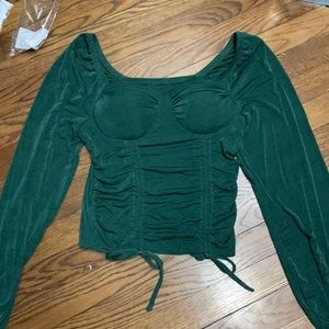 Green satin long sleeve corset top